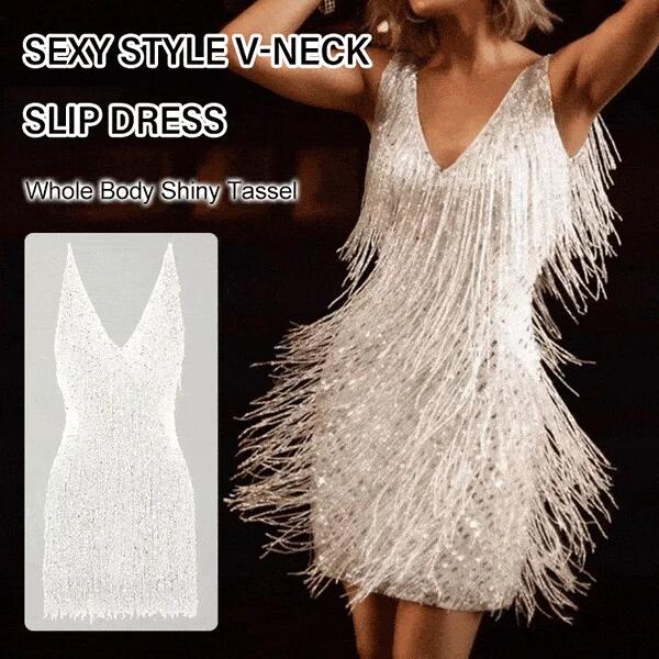 Vestido sexy com decote em V profundo sem mangas com franjas